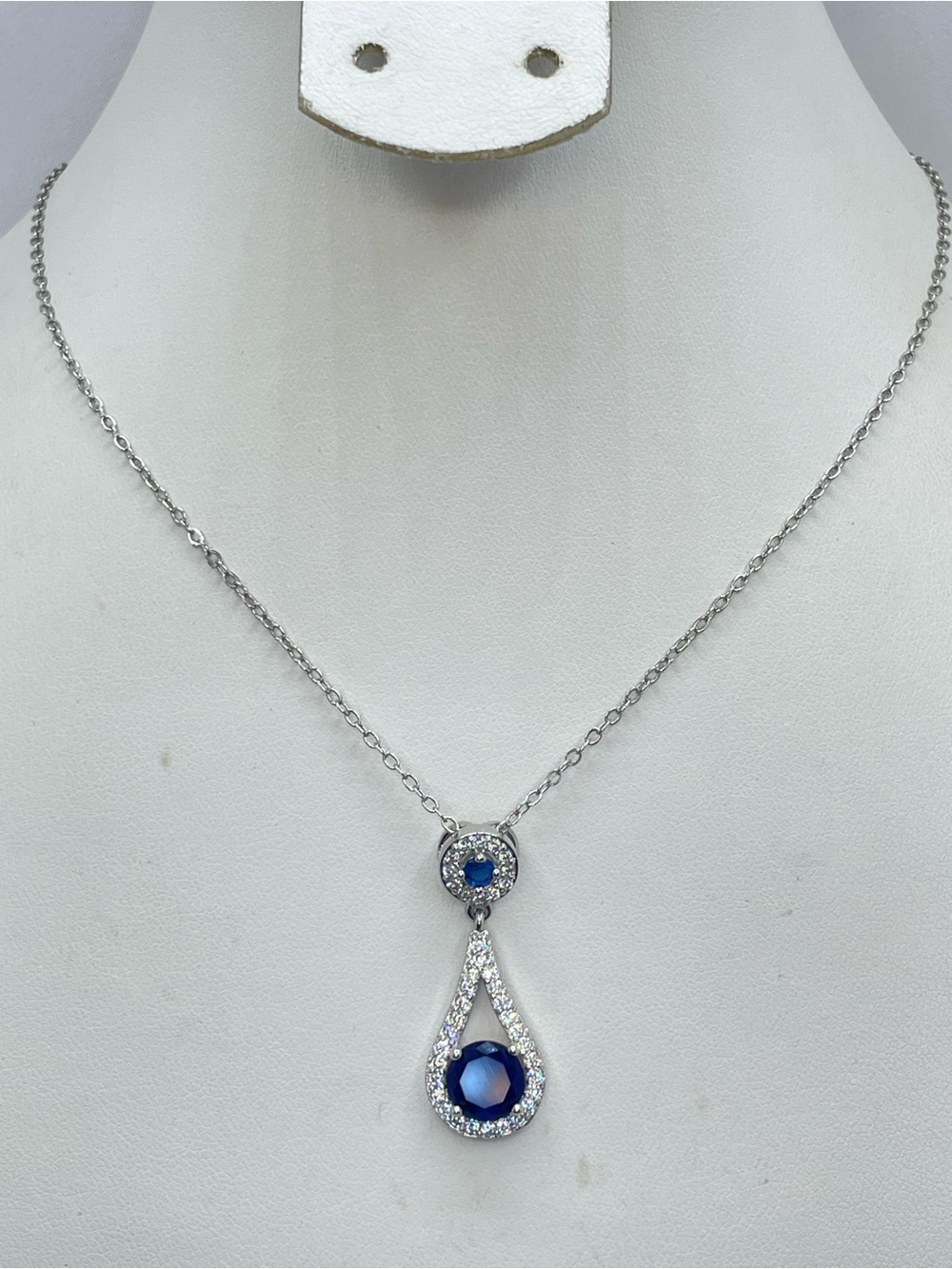 Silver Blue Crystal Glass Halo Teardrop Pendant Necklace Glam - Picture 2 of 5